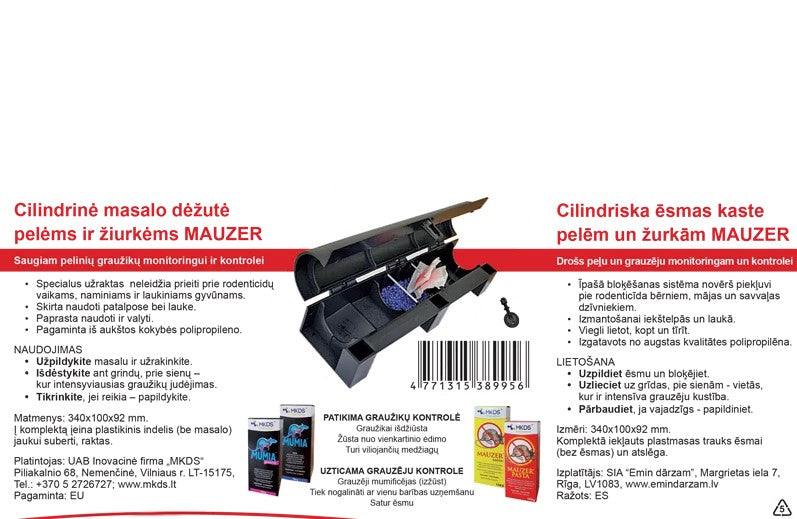 CILINDRINĖ MASALO DĖŽUTĖ PELĖMS IR ŽIURKĖMS